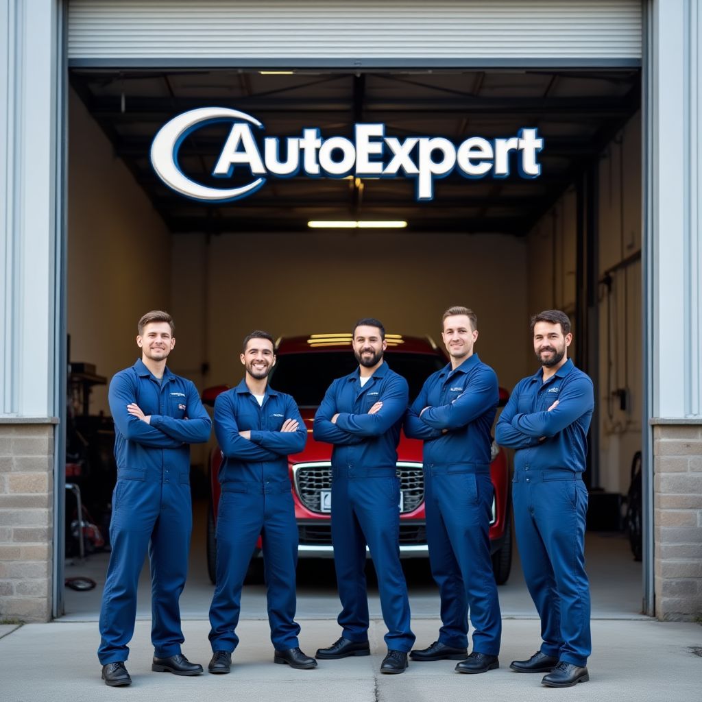 L'équipe complète d'AutoExpert devant le garage